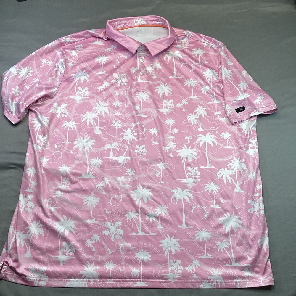 OBLA Men’s 3XL Polo Shirt Pink White Palm Trees Golf Performance Resort Top MINT